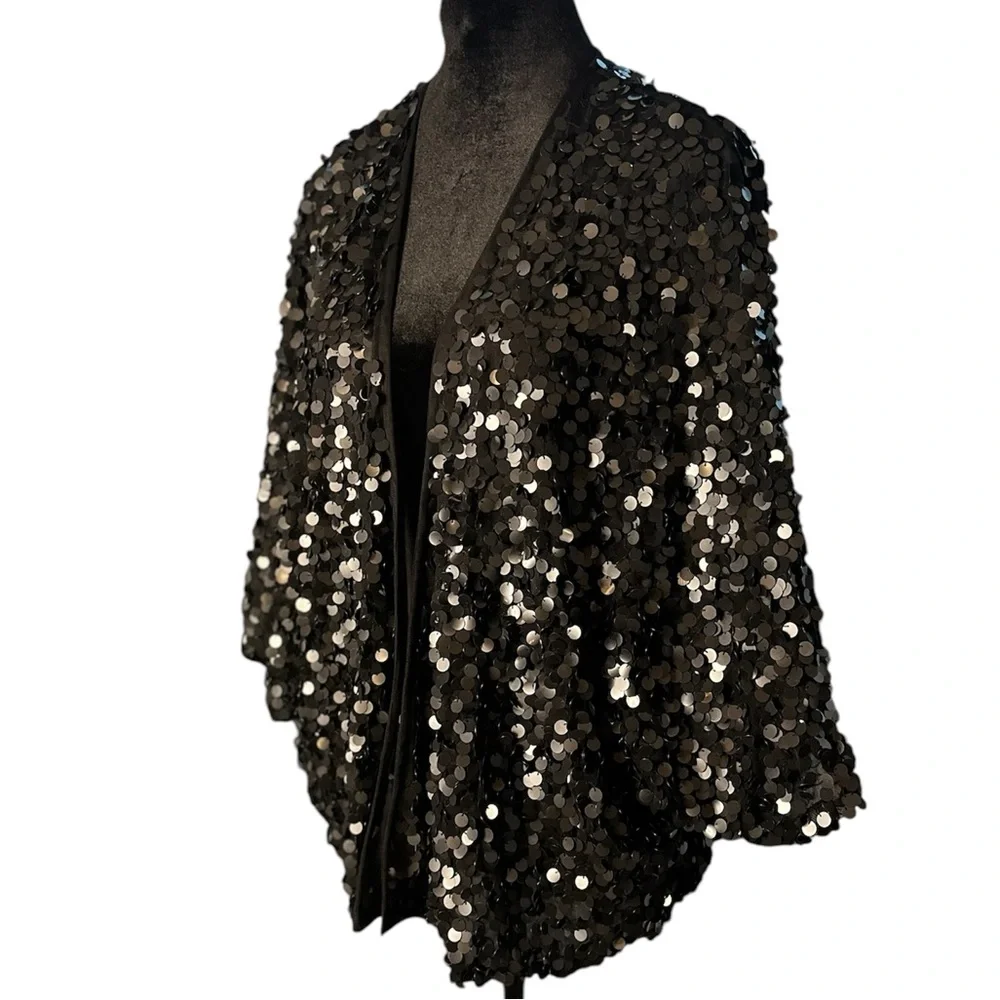 Black Sequin Cape Jacket Short Sleeve - Picture 3 of 16